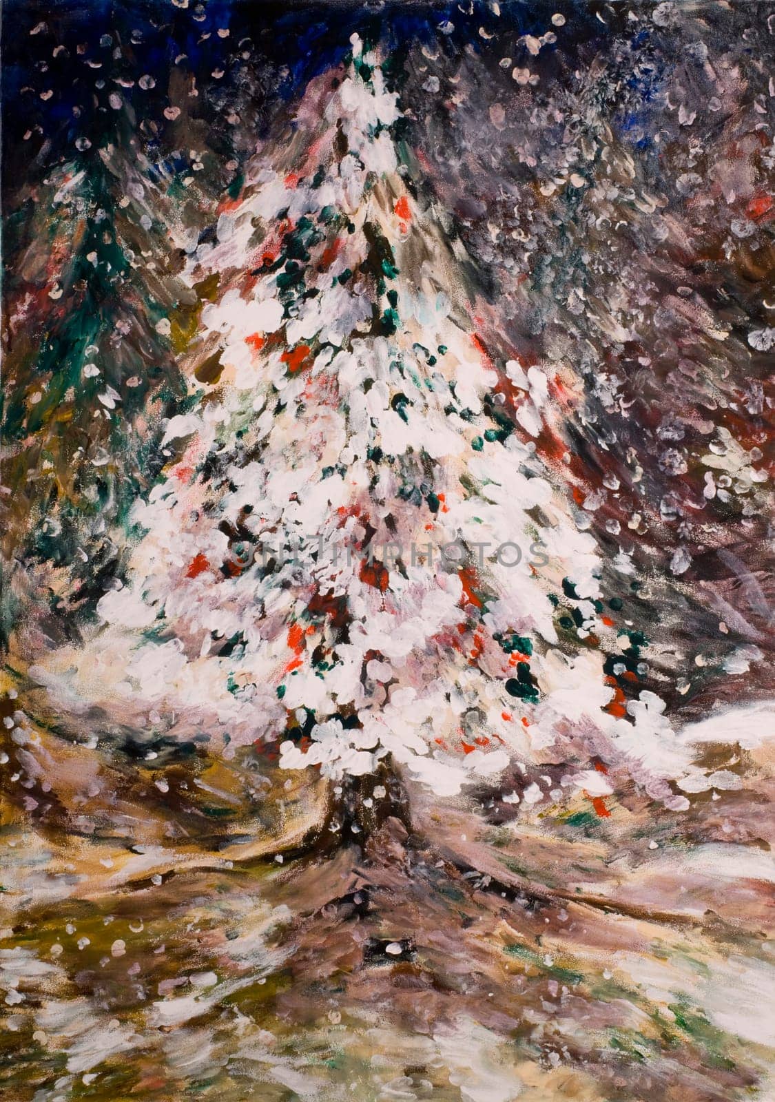 A picture representing a romantic christmas tree. This is an original hand painted composition  of a christmas tree.