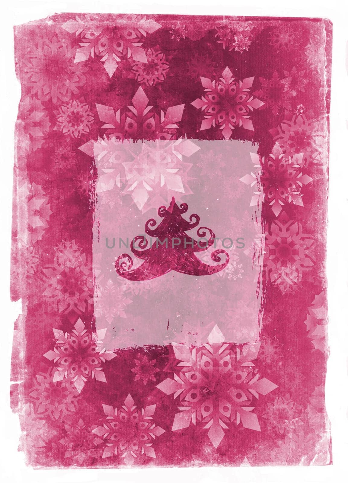 Vintage christmas tree card with  grunge border and snowflakes
