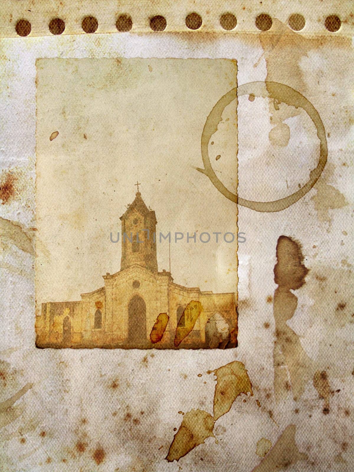Blank Vintage paper parchment in sepia with stone church