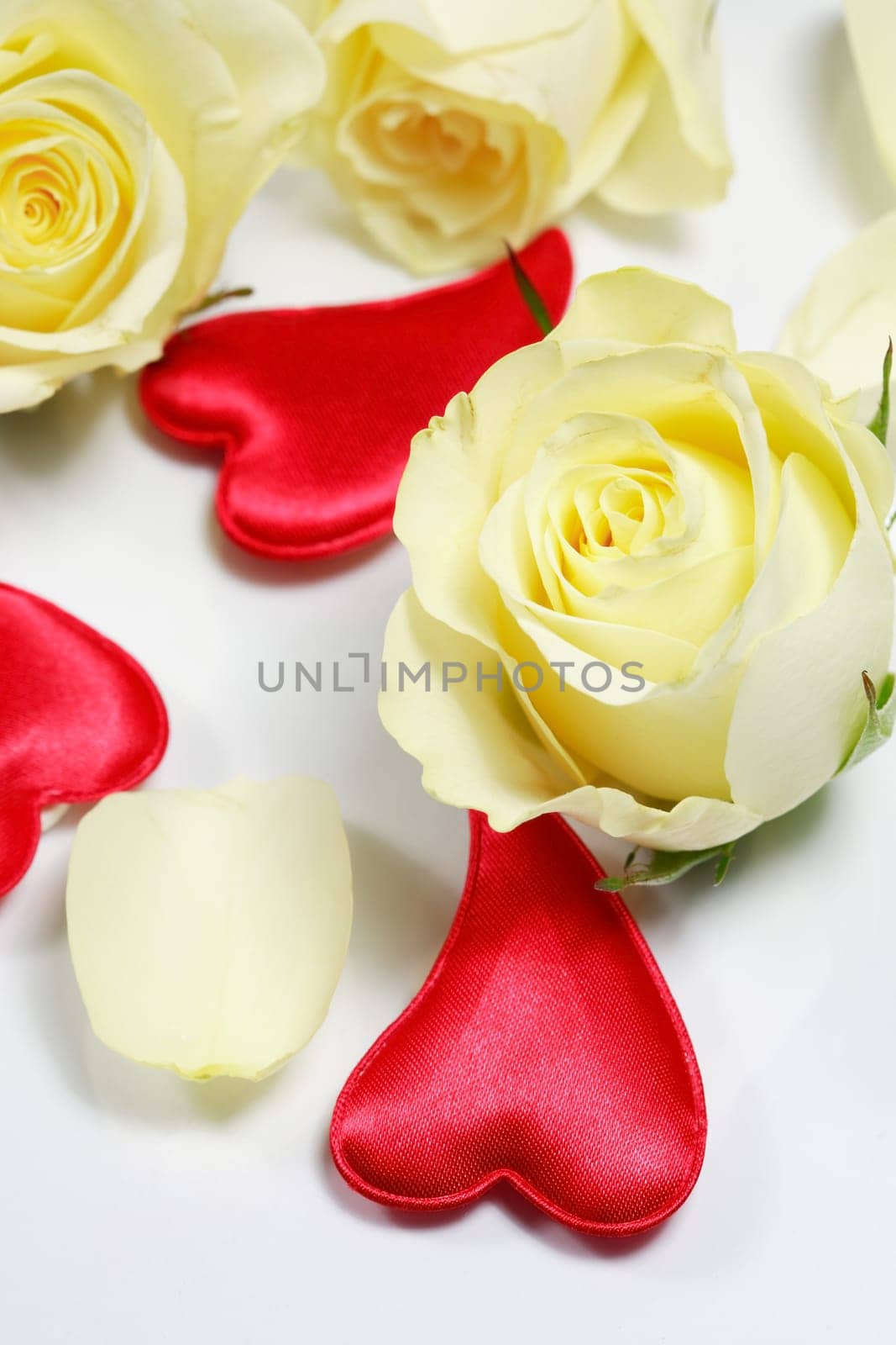 Red hearts and yellow roses on white background