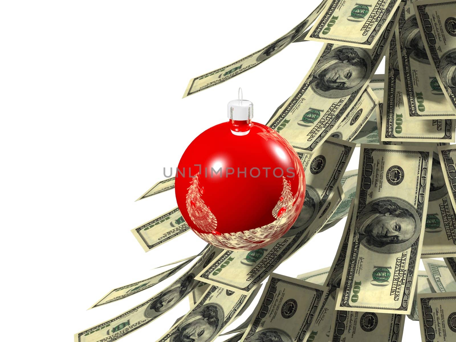 Dollars notes maden as Christmass tree against white background