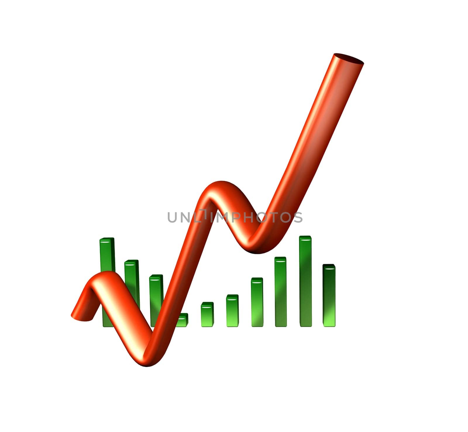 a business chart with a red curve and green blocks as icon
