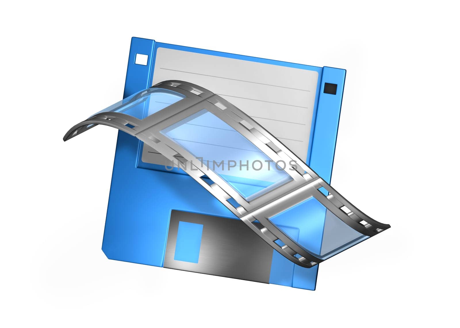 3d blue disk with metall and plastic and a filmstrip