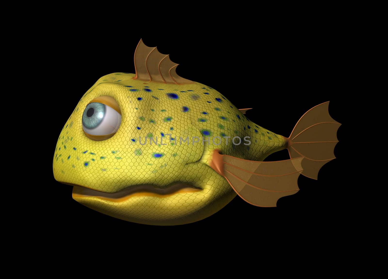 a yellow comic fish with big eyes looking friendly