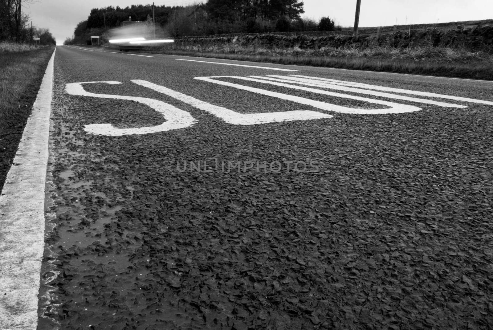 A fast car speeds past a slow sign on a country road.