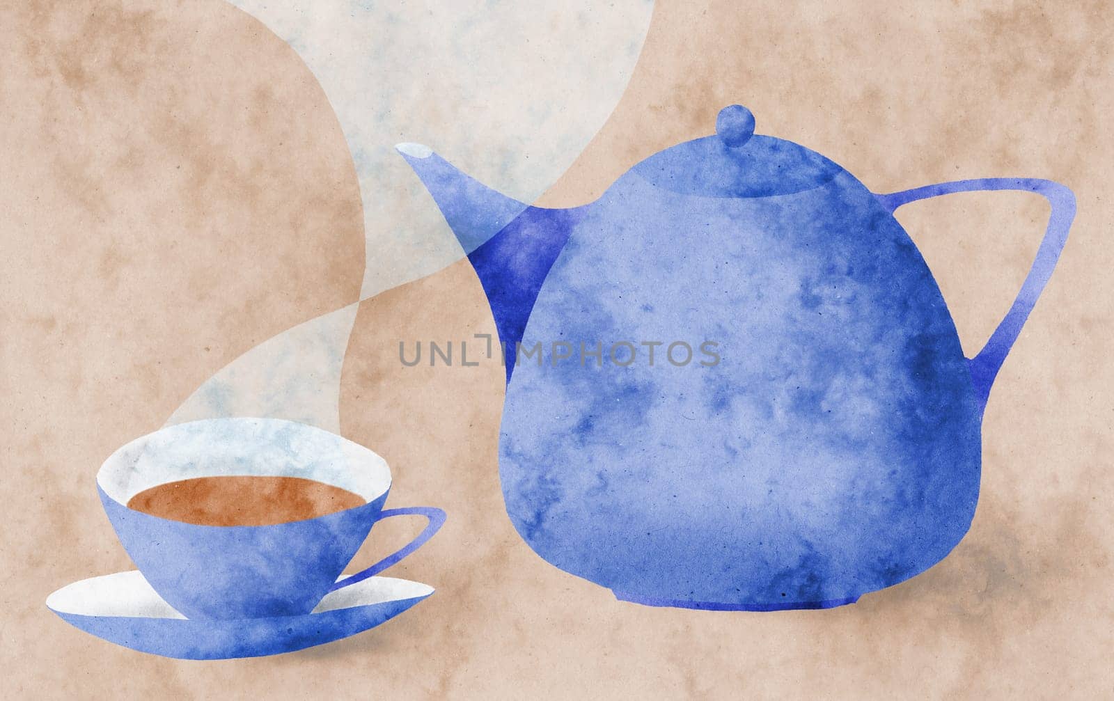 teapot and cup on marbled background collage
