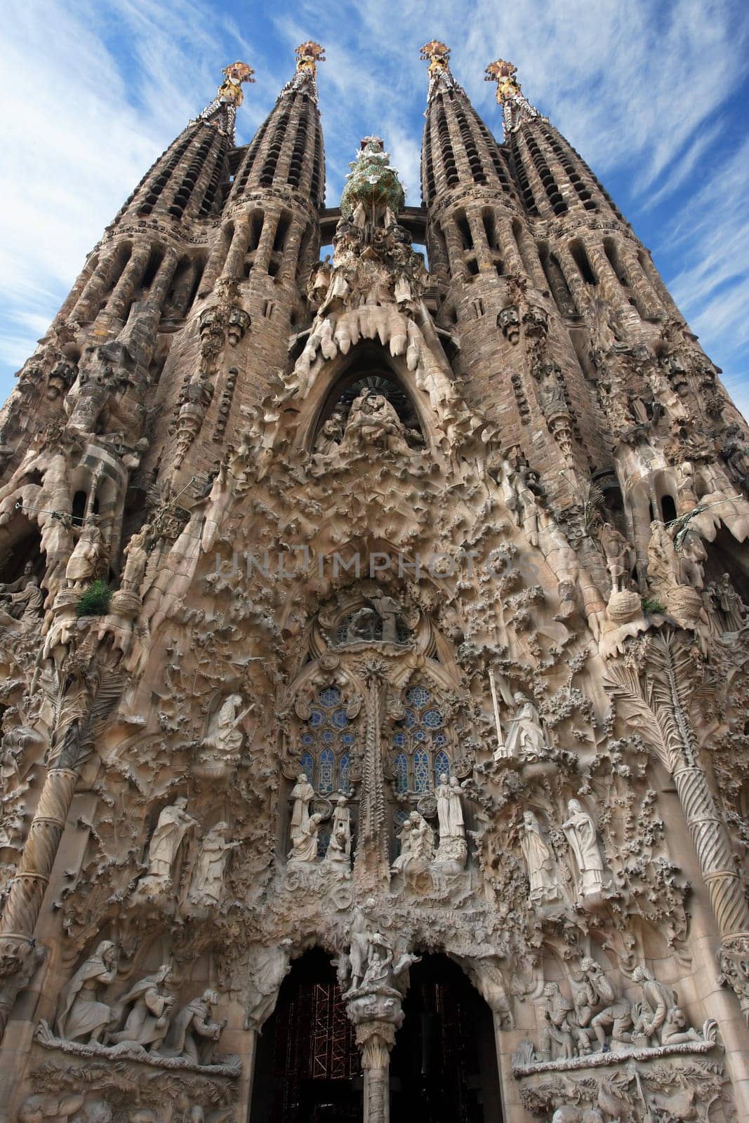 Looking up at the unfinished church of Sagrada Familia in Barcelona Spain.
