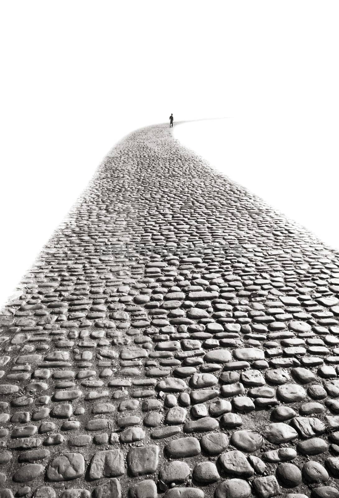 old road, young walker, cobbled, cobblestones, ancient, paving, pavement, curve, perspective, away, going, walking, taking, choosing, figure, distance, concept, choice, progressing, progress, monochrome, contrast, boy, leaving, fading, white, black, rounded, corner, dissapearing