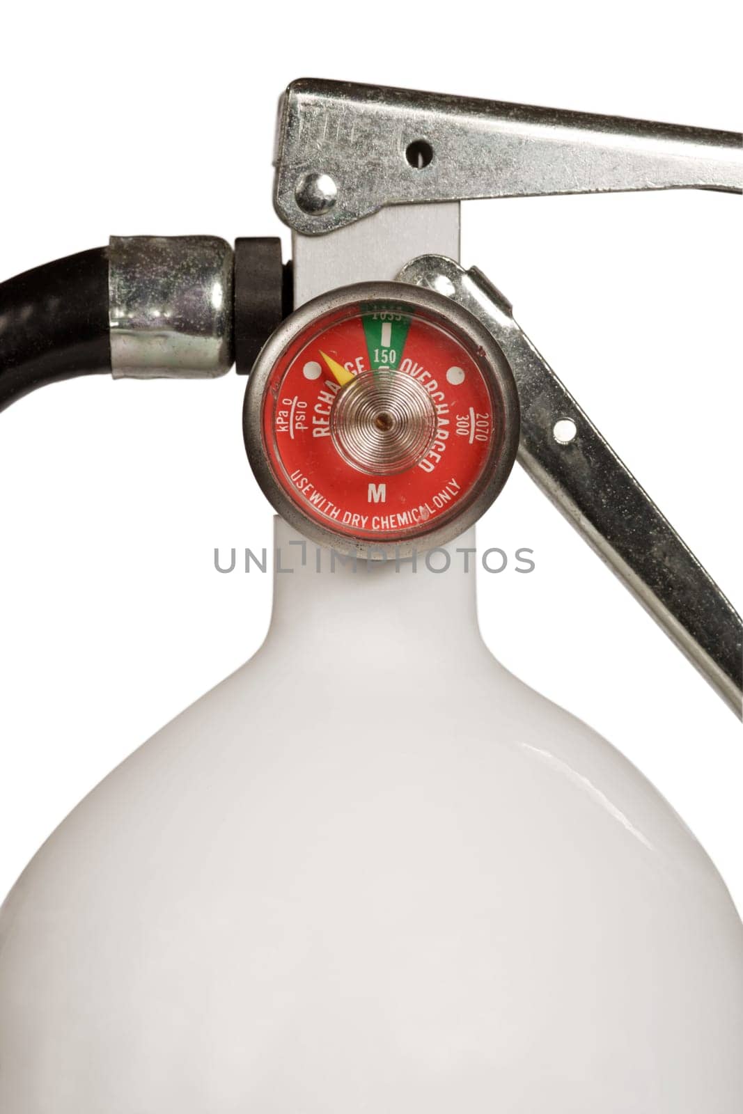 Closeup of a white fire extinguisher that needs recharging.