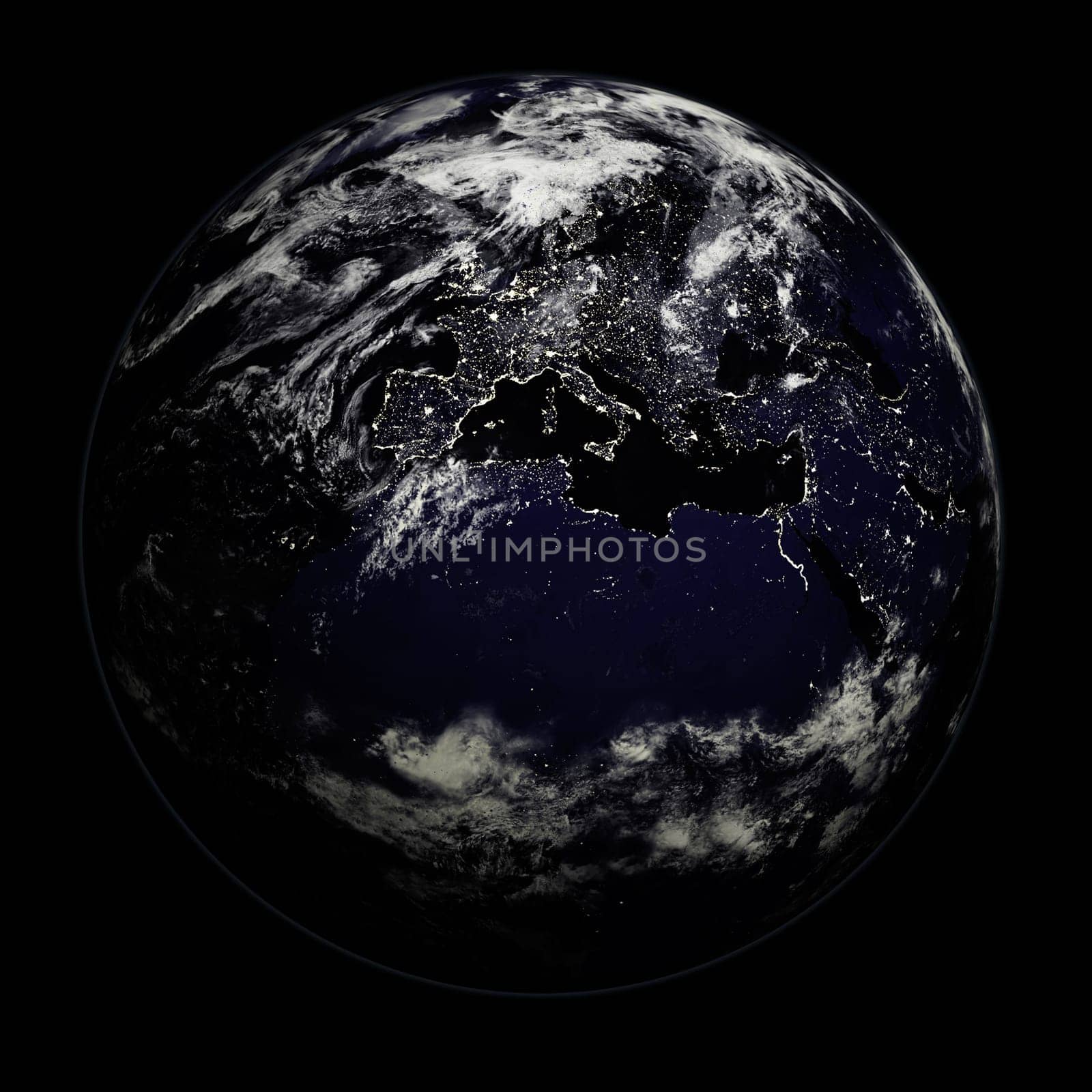 3D render of planet Earth - night side with city lights - Europe, Asia and Africa     (original maps from NASA - http://visibleearth.nasa.gov)