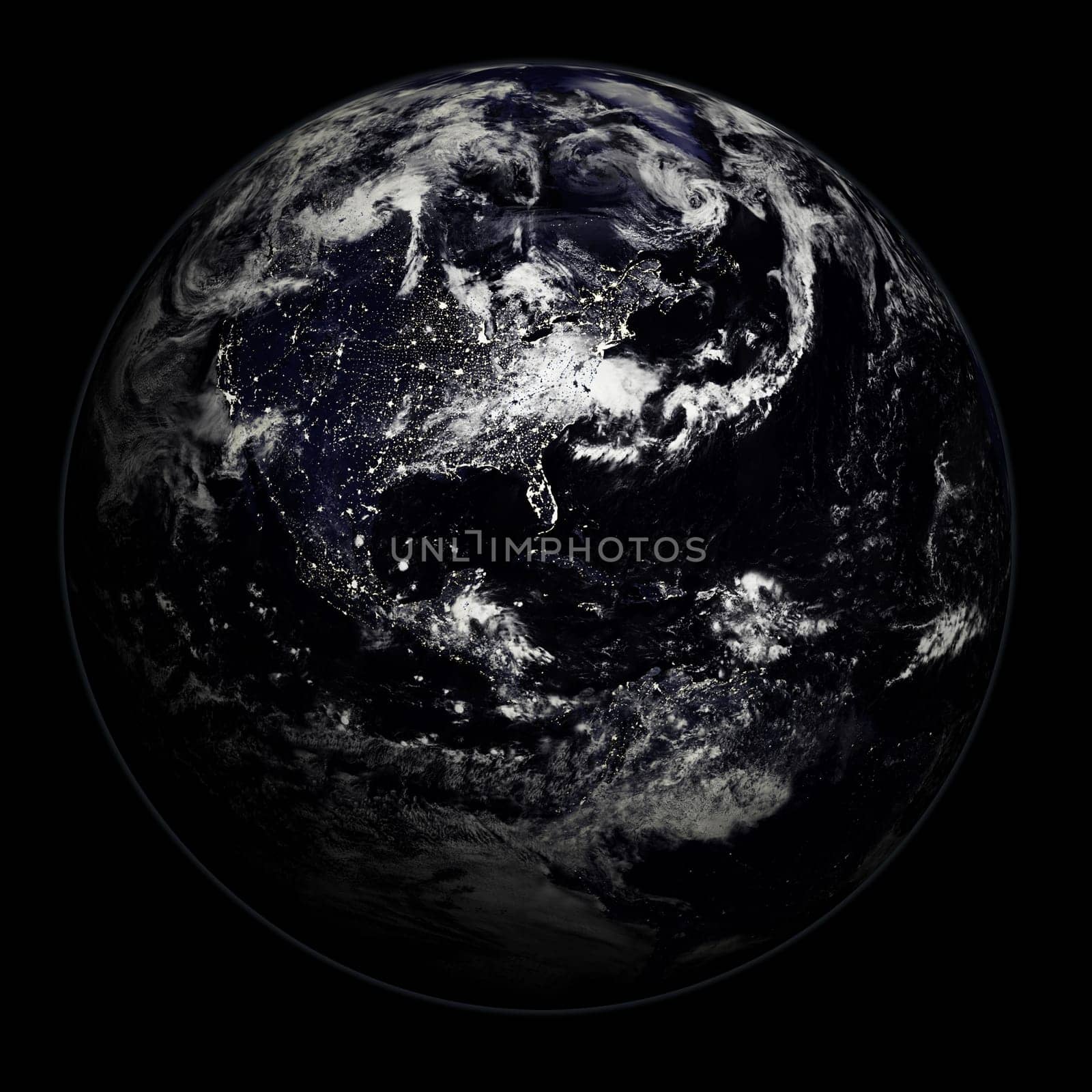 3D render of planet Earth - night side with city lights - America    (original maps from NASA - http://visibleearth.nasa.gov)