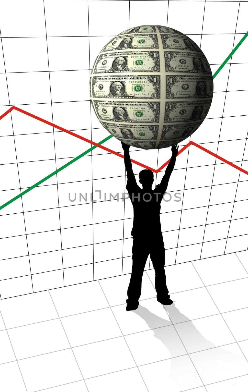 Businessman silhouette holding money sphere - financial concept
