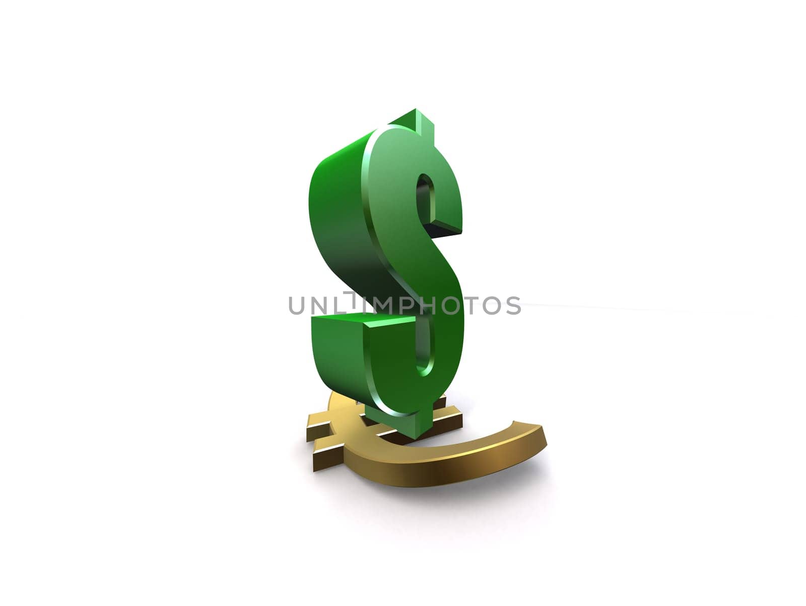 3d rendered illustration of a green dollar and a golden euro sign