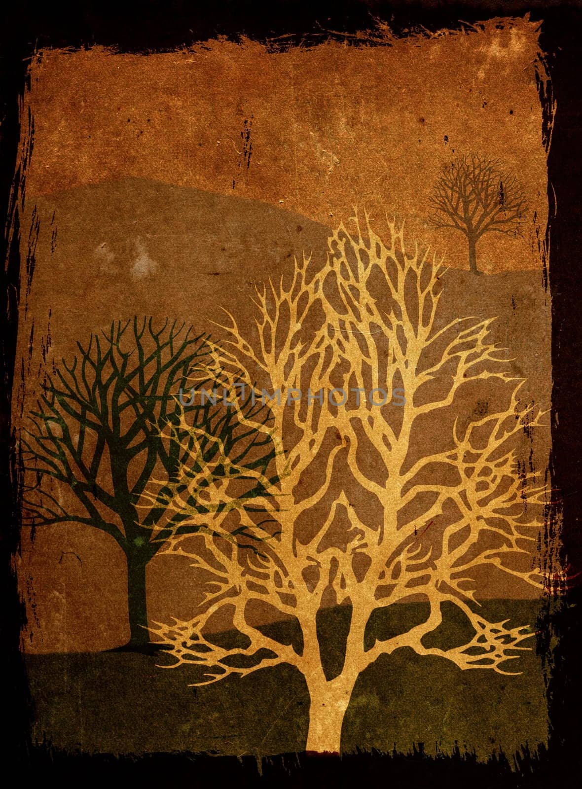 Mixed media illustration of trees over grunge toned background
