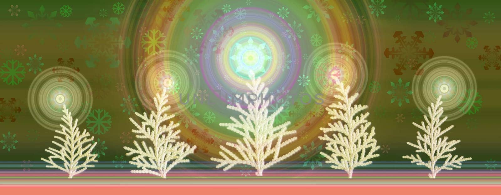 Mixed media illustration of 5 christmas trees in green background with snowflakes