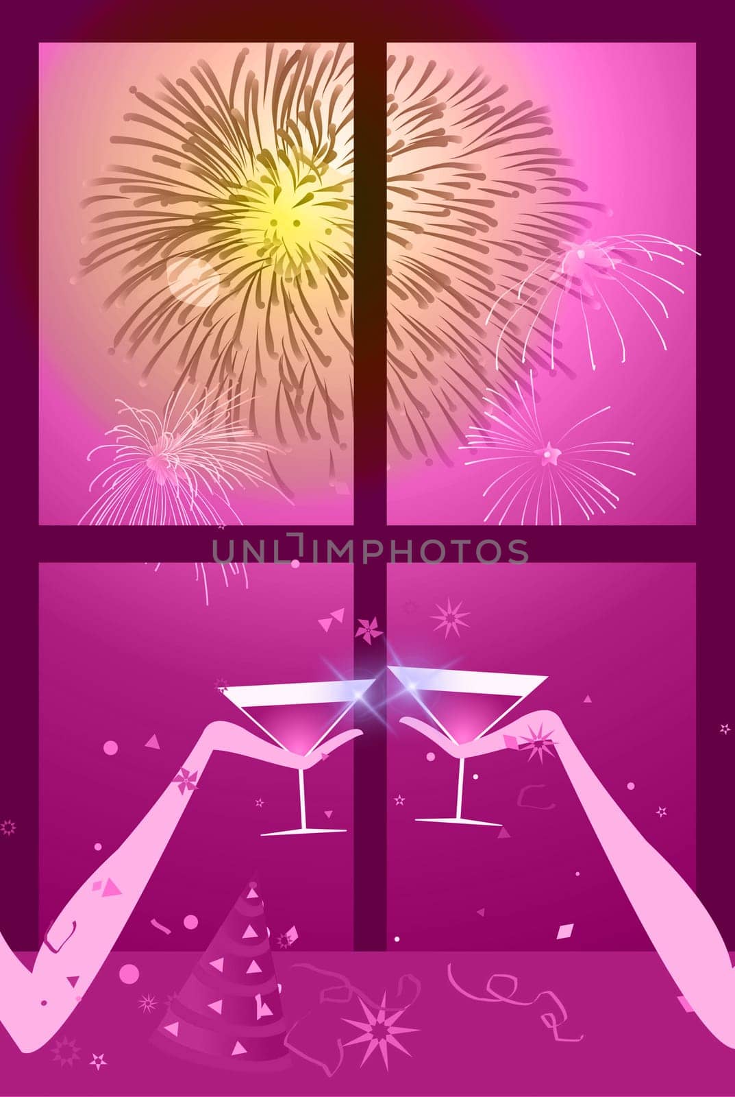 Illustration of two people having a glass of wine with fireworks on the sky.