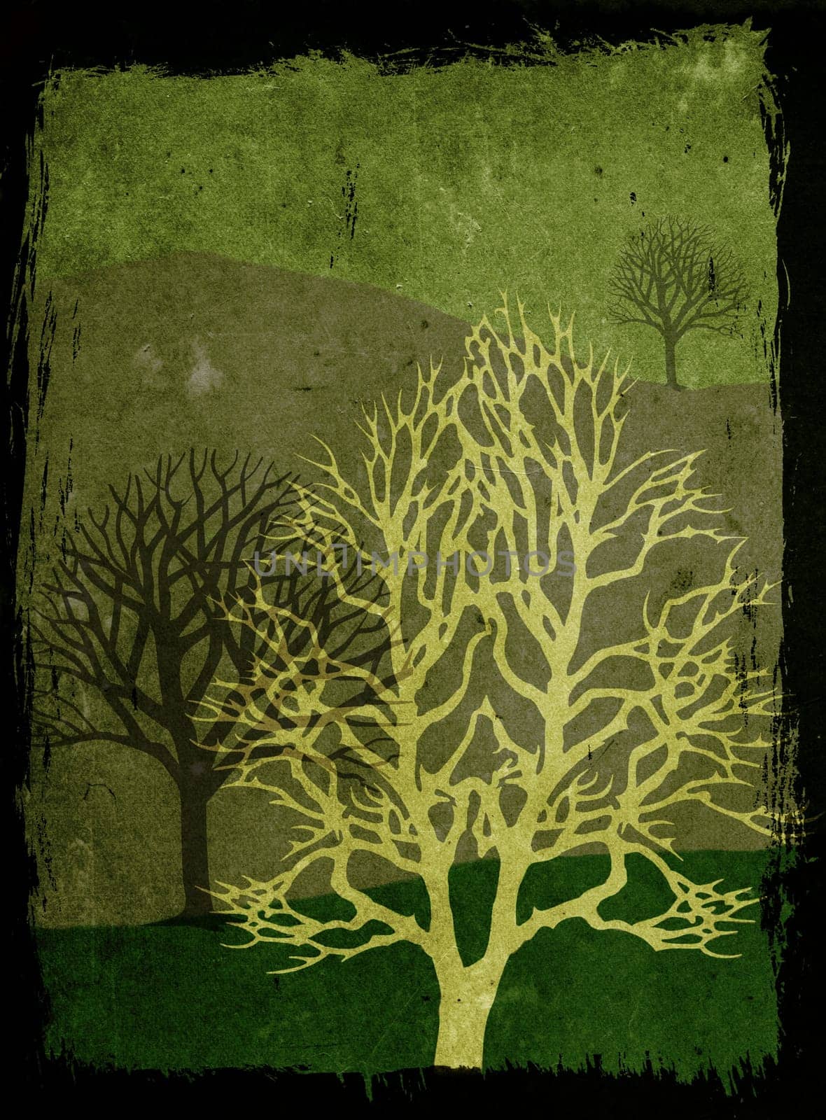 Mixed media illustration of trees over grunge toned background