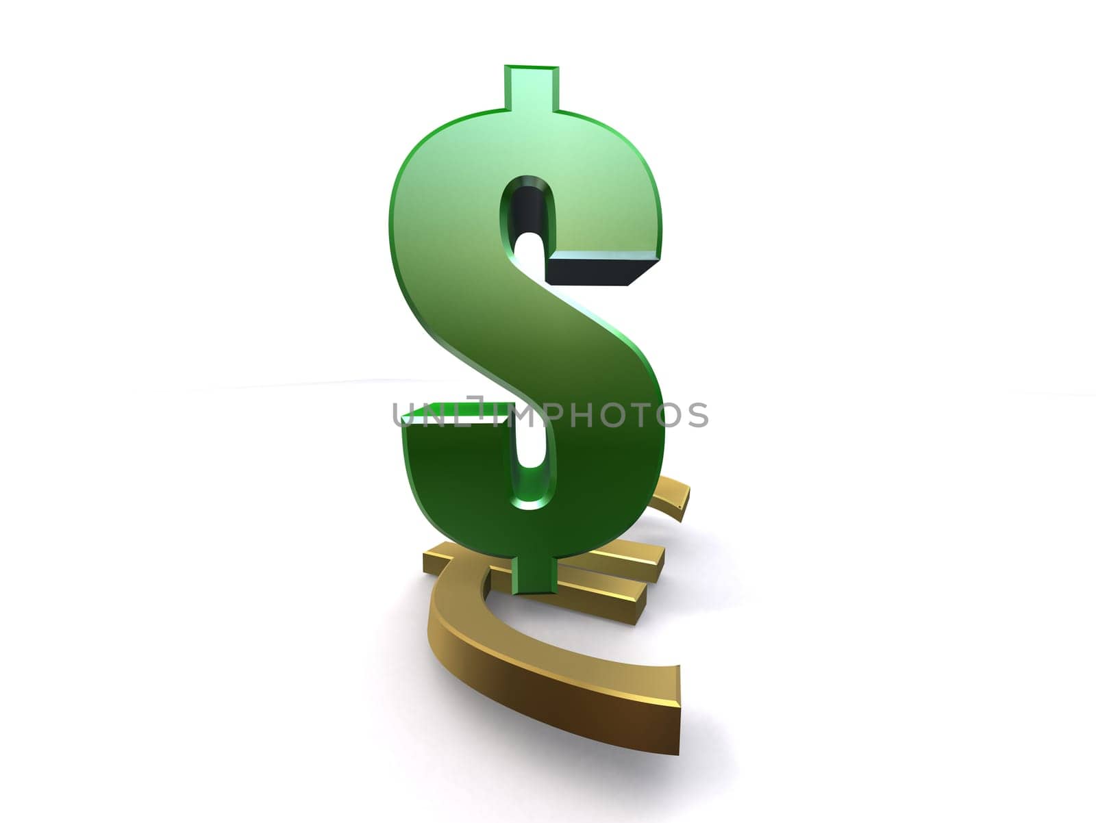 3d rendered illustration of a green dollar and a golden euro sign