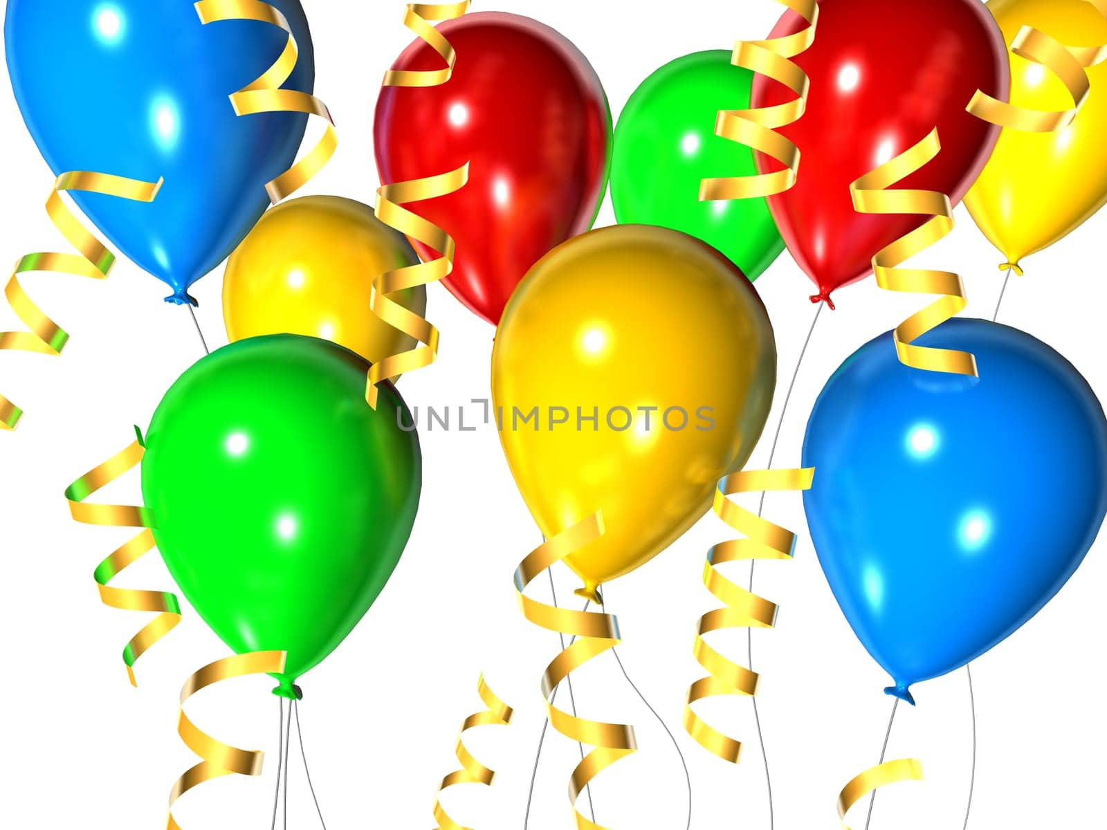 3d rendered illustration of coloeful balloons with golden ribbons