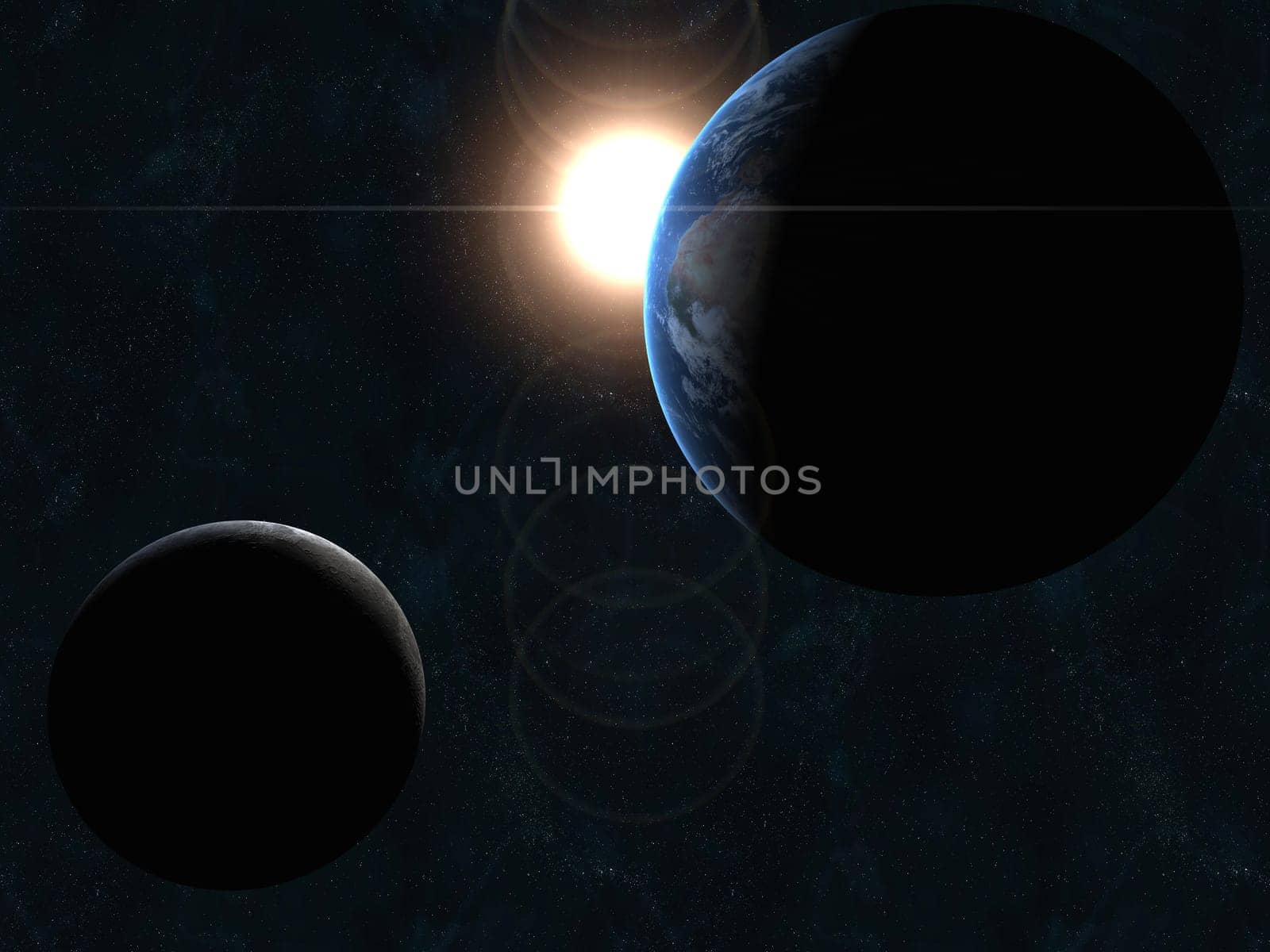 3d rendered illustration of the eart, the moon and the sun