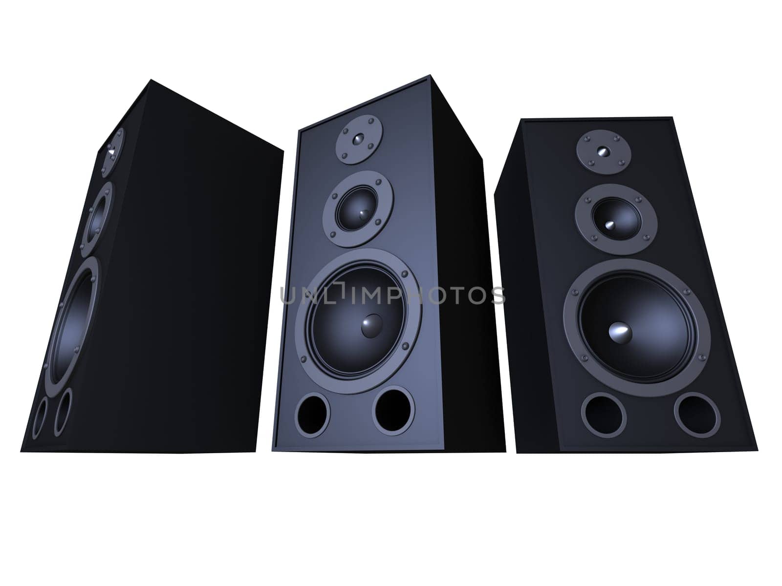3d rendered illustration of three big black speakers
