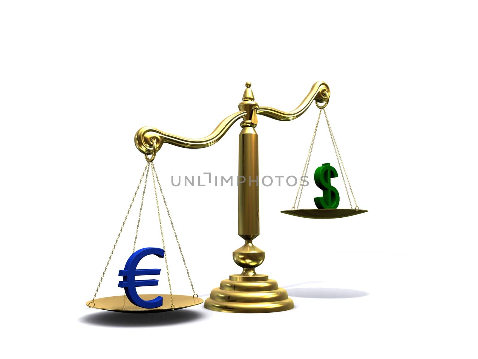 3d rendered illustration of a golden scale with a dollar and euro sign
