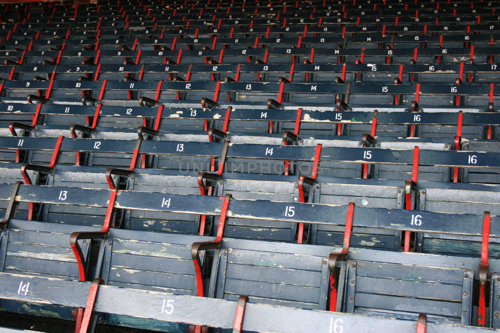 Rows of empty seats at Boston's Fenway Park.