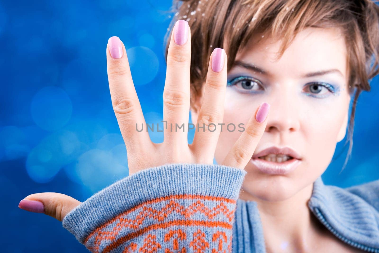 winter girl in the blue jumper