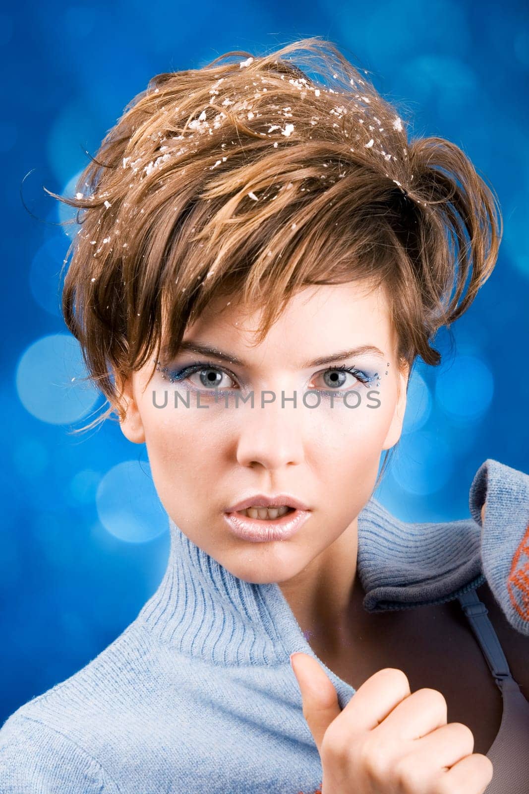 winter girl in the blue jumper