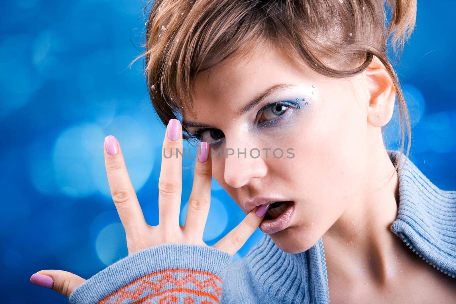 winter girl in the blue jumper