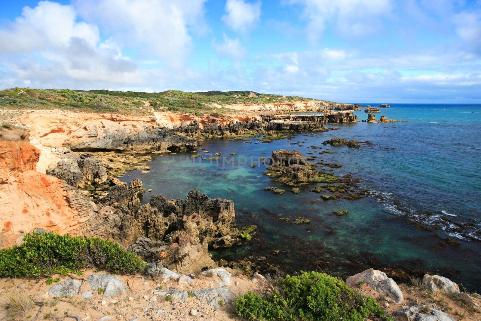 A view of the southern coast of Australia along the Great Ocean Road.