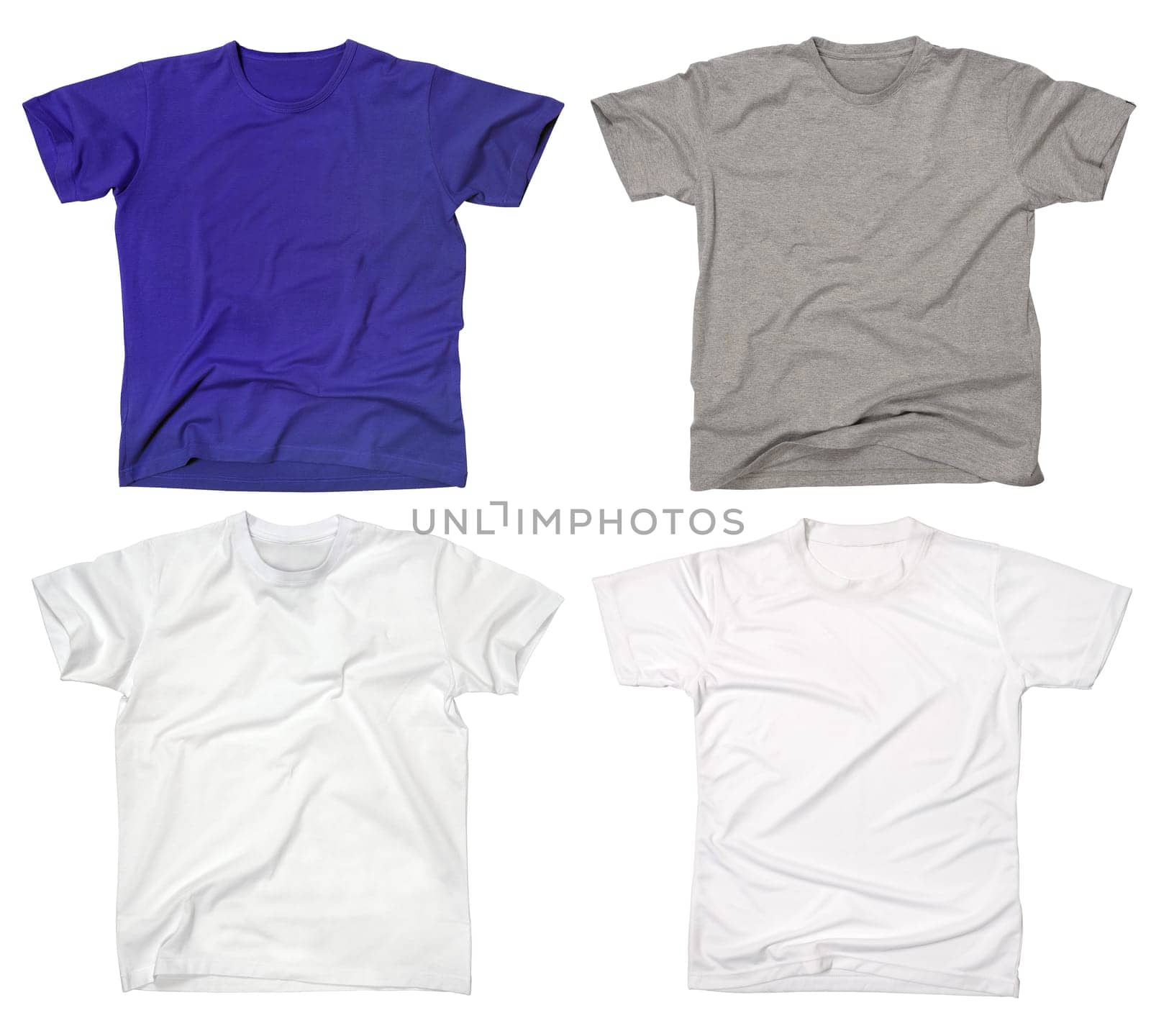 Photograph of four blank t-shirts, new and old, wrinkled and flat.  Clipping path included.  Ready for your design or logo.