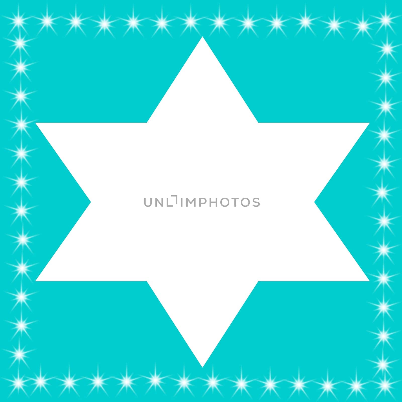 A turquoise blue background with a big white star.