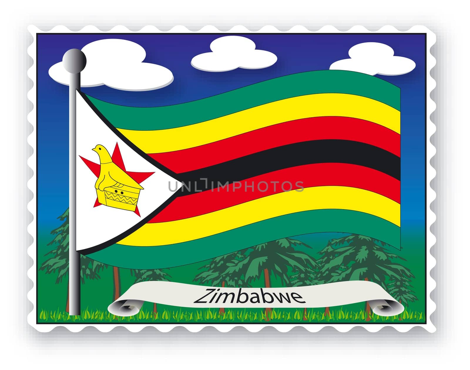 Stamp with flag from Zimbabwe- Vector