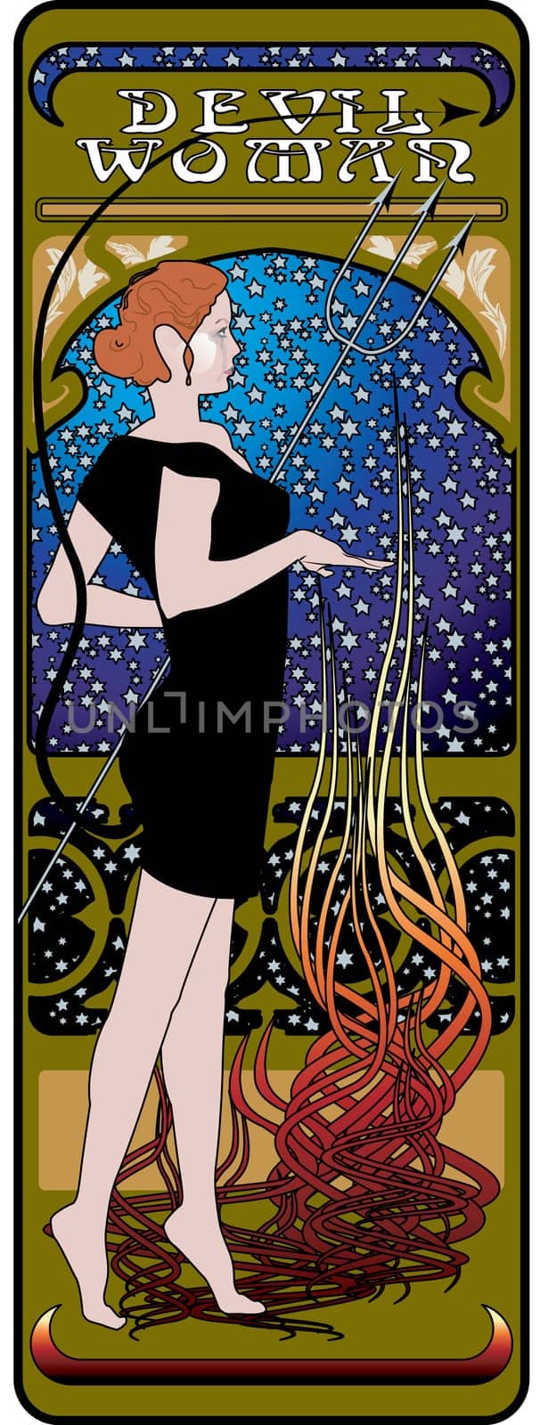 A sensual devil woman in the style of Mucha.