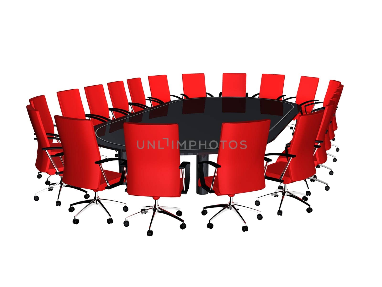 3d rendered illustration of a conference table with red chairs