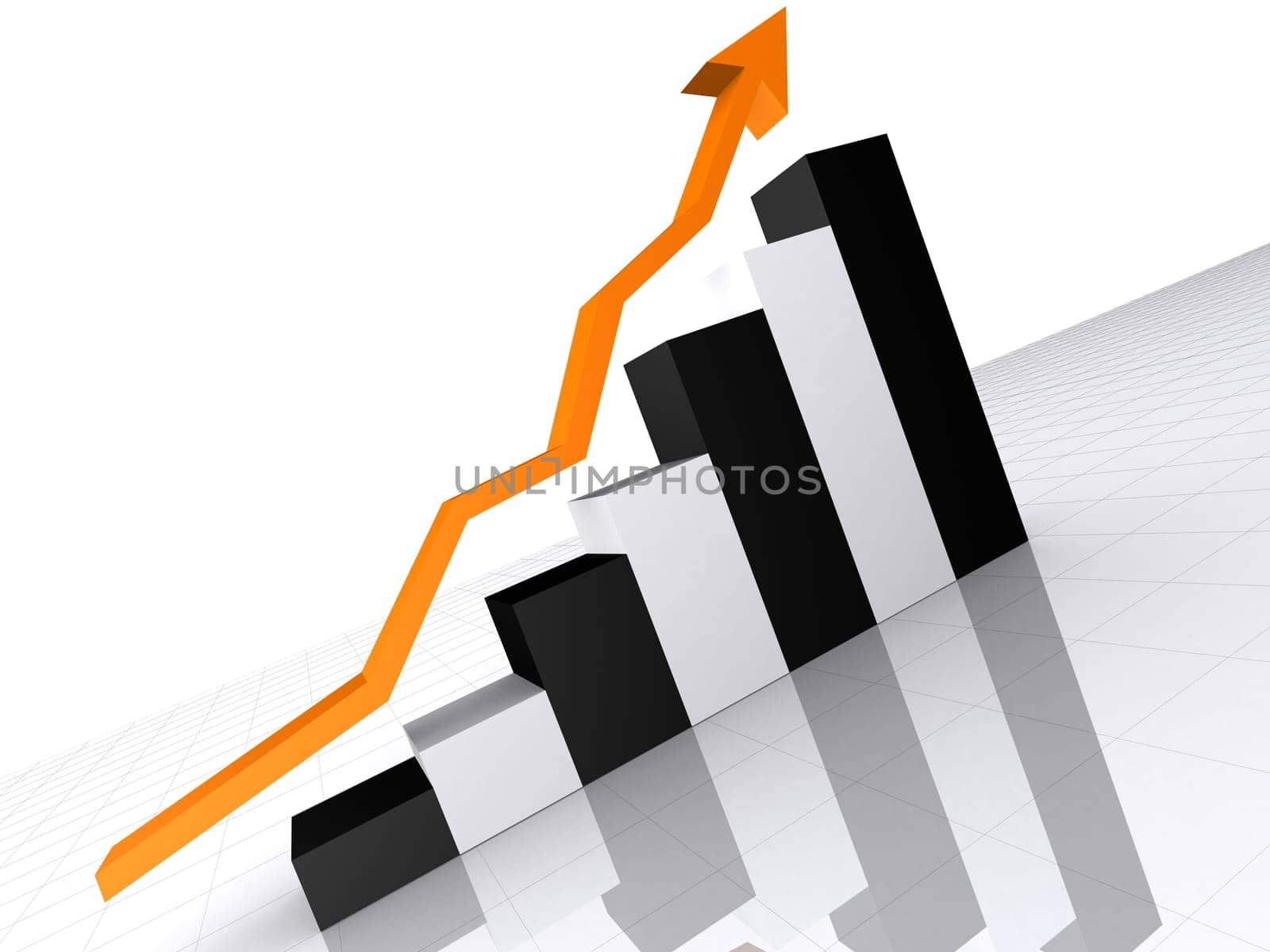 3d rendered illustration of a rising black and white statistic with an orange arrow