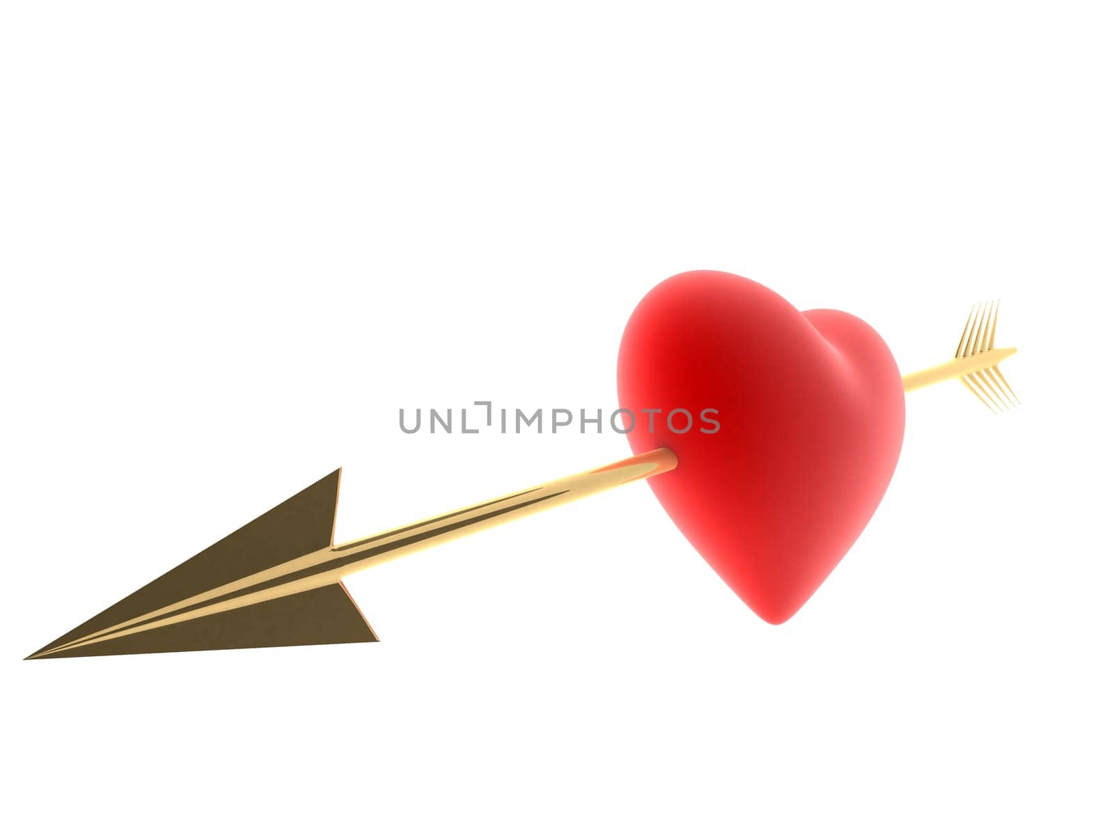 3d rendered illustration of a red heart hit by a golden arrow