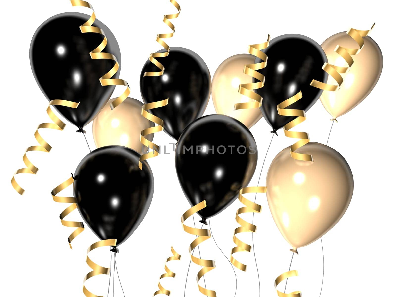 3d rendered illustration of flying balloons with golden ribbons