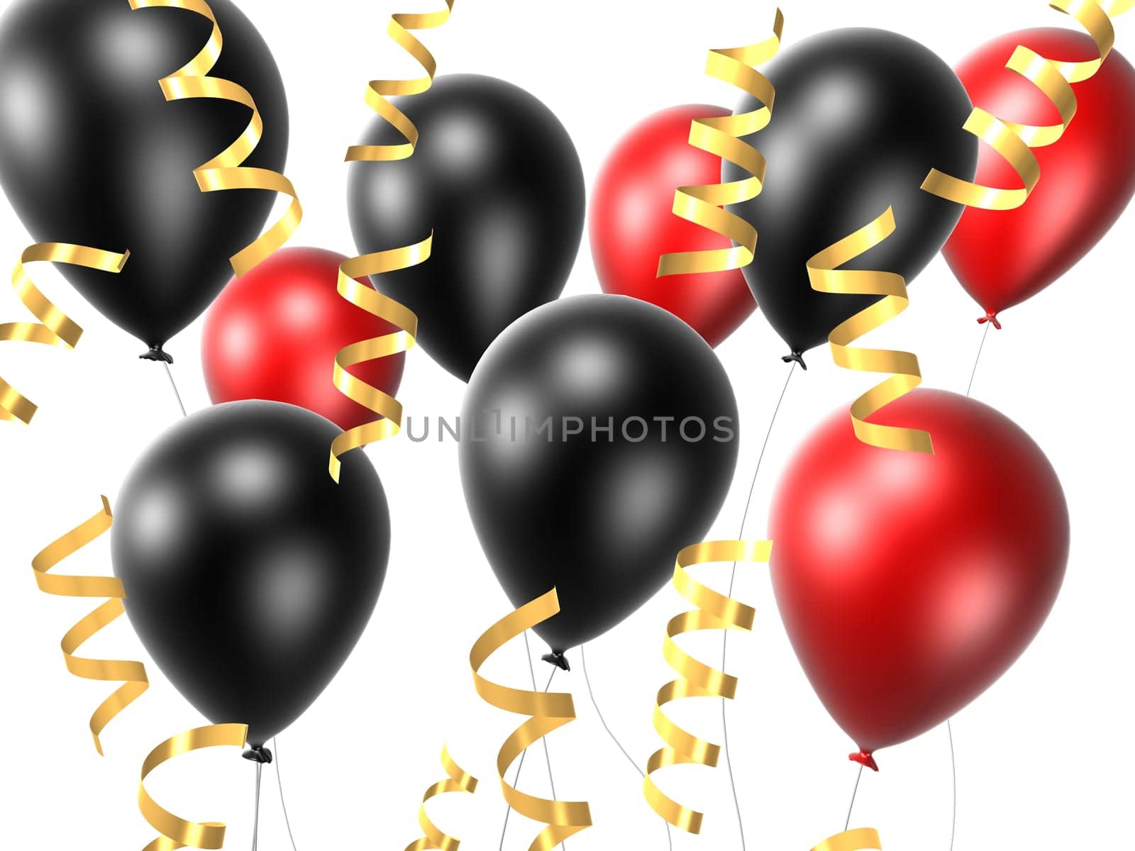 3d rendered illustration of flying balloons with golden ribbons