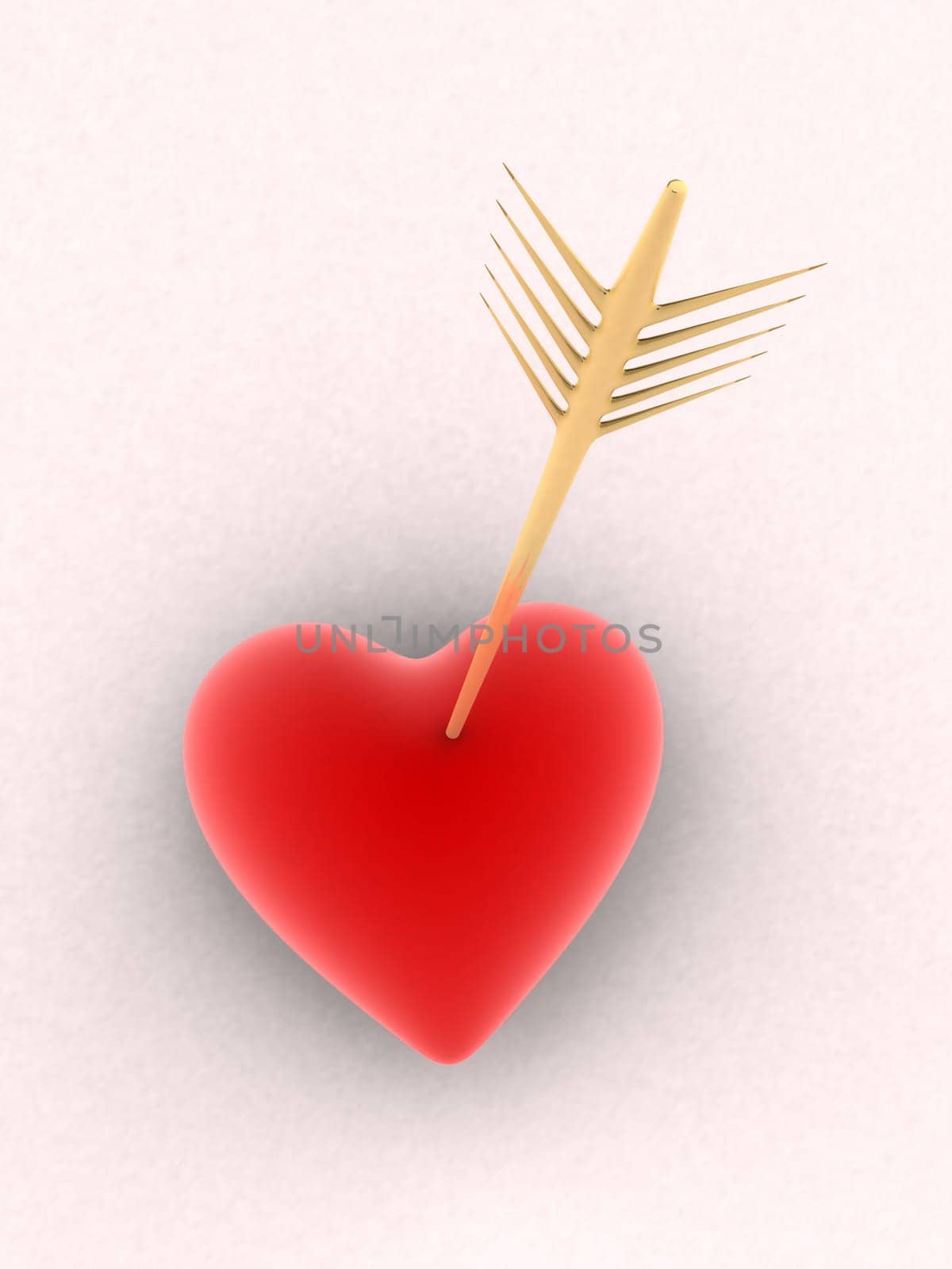 3d rendered illustration of a red heart hit by a golden arrow