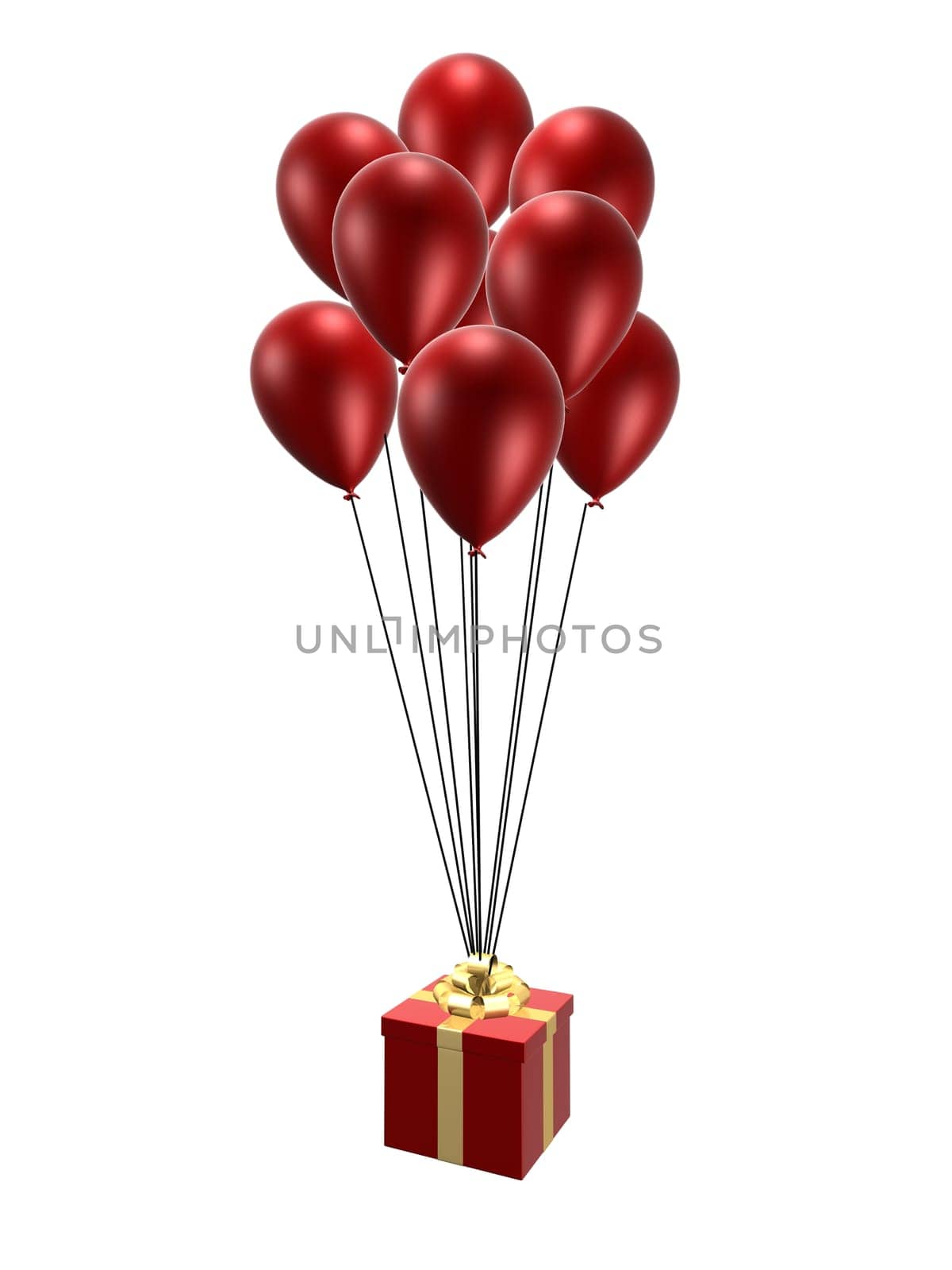 3d rendered illustration of flying red balloons with present
