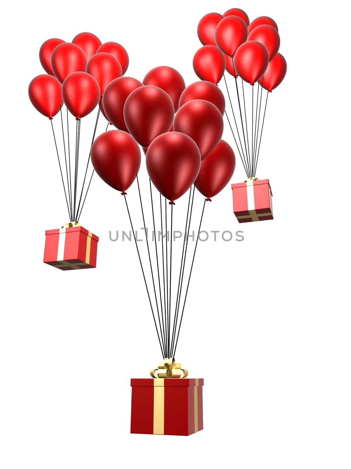 3d rendered illustration of flying red balloons with presents