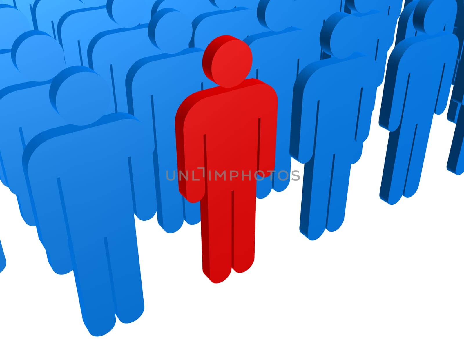 3d rendered illustration of many blue and one red man signs