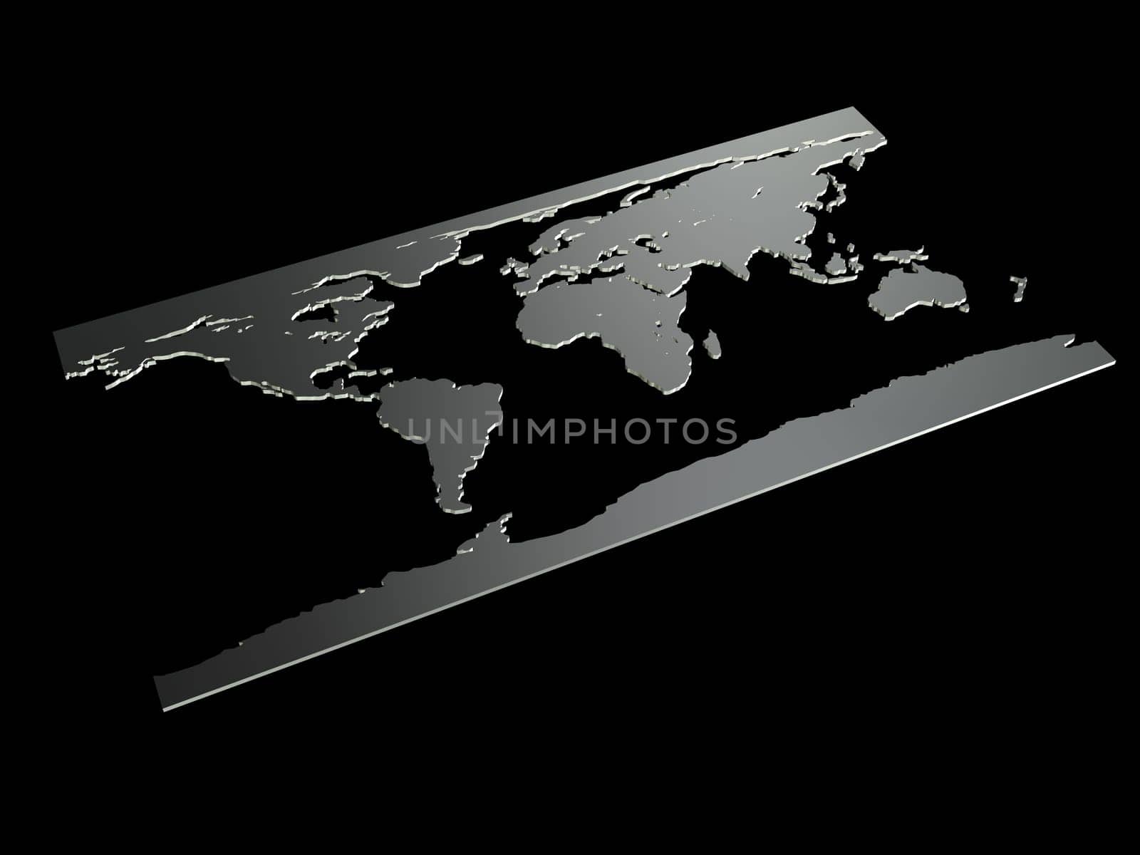 3d rendered illustration of a silver world map on a black background