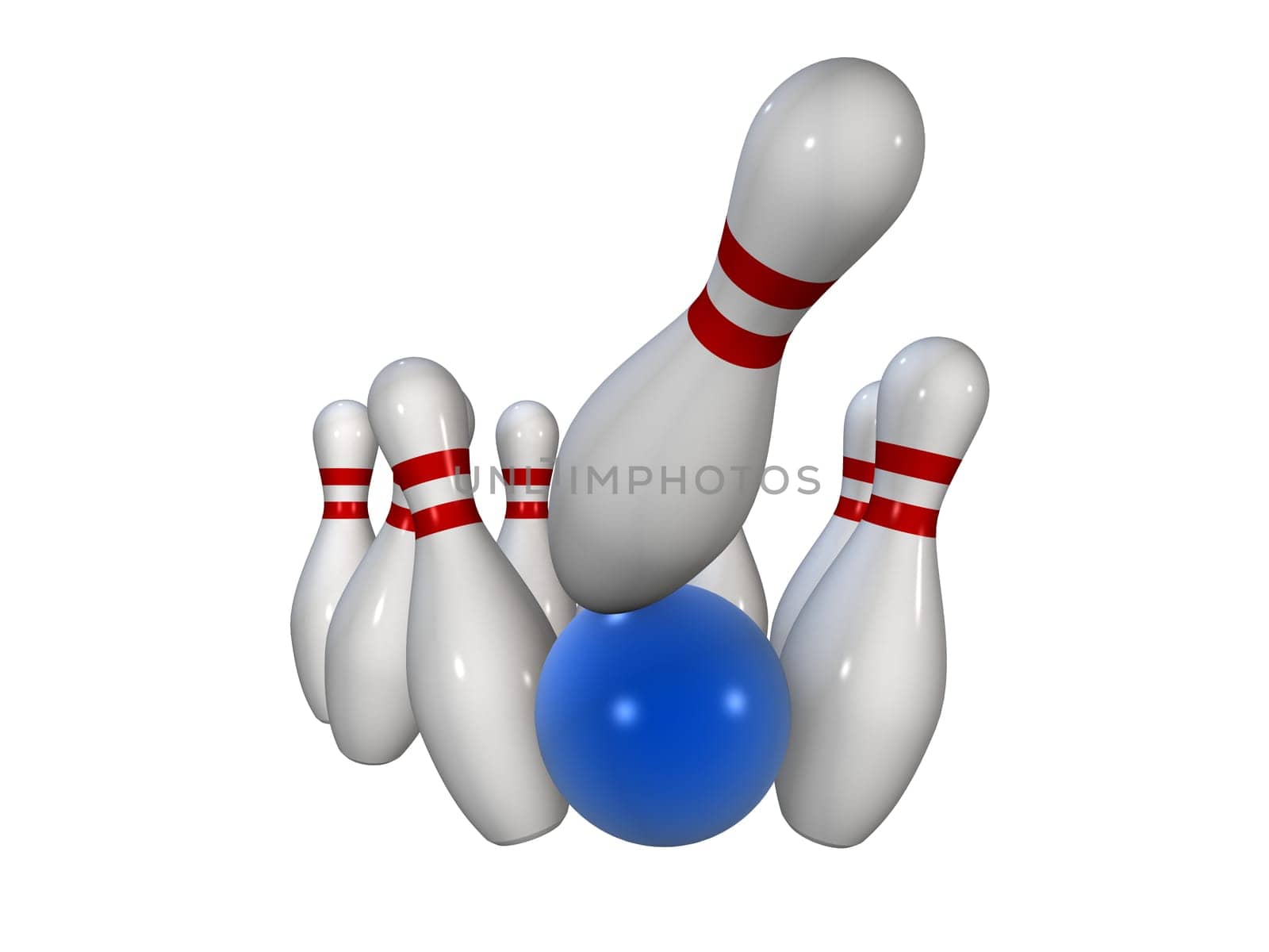 3d rendered illustration of some bowling pins and a blue ball
