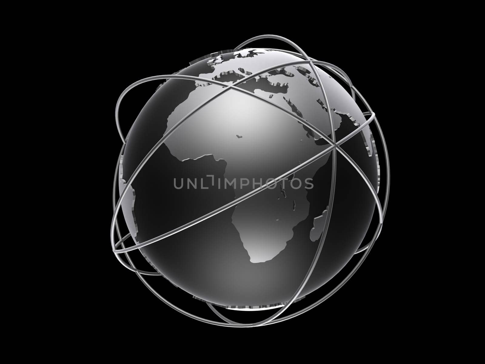 3drendered illustration of a silver globe model with rings