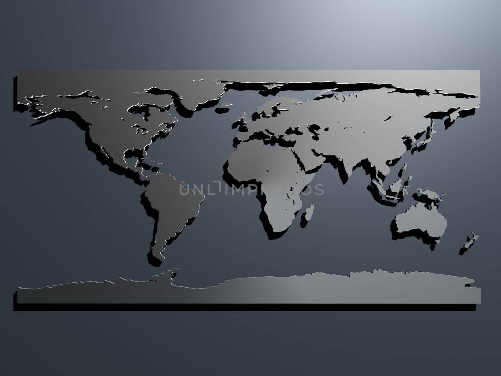 3d rendered illustration of a silver world map on a grey background