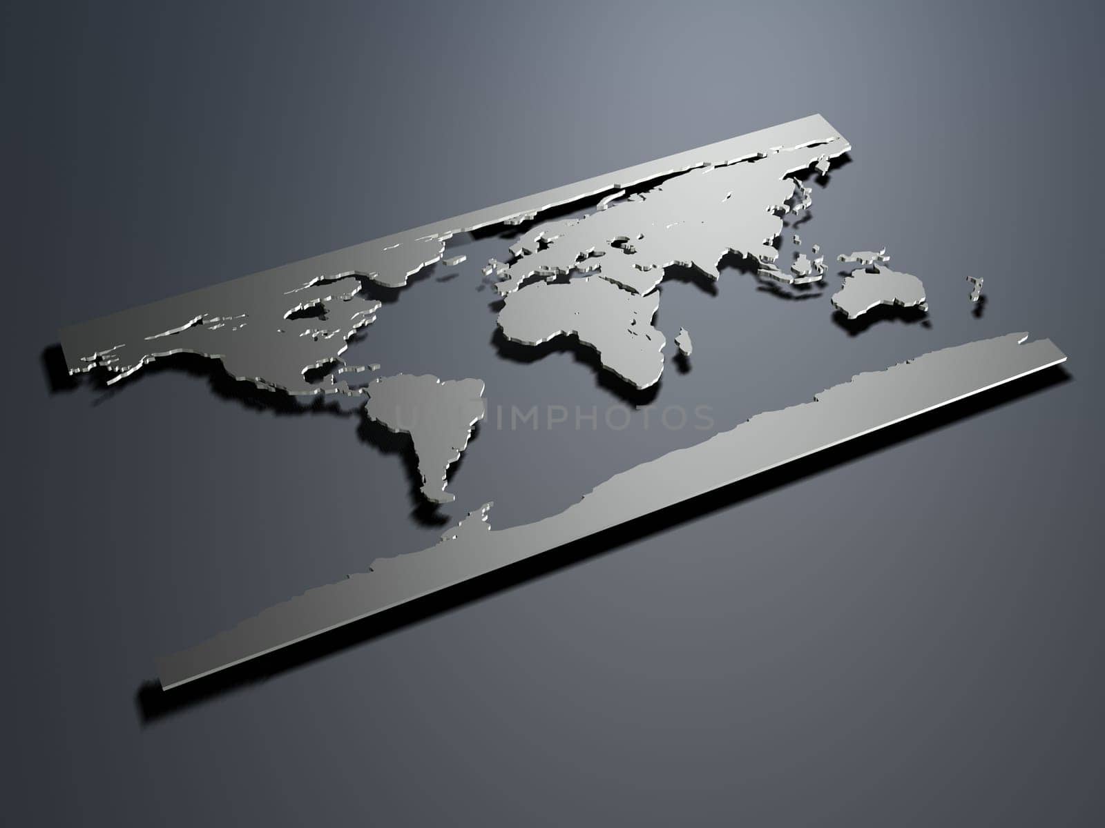 3d rendered illustration of a silver world map on a grey background