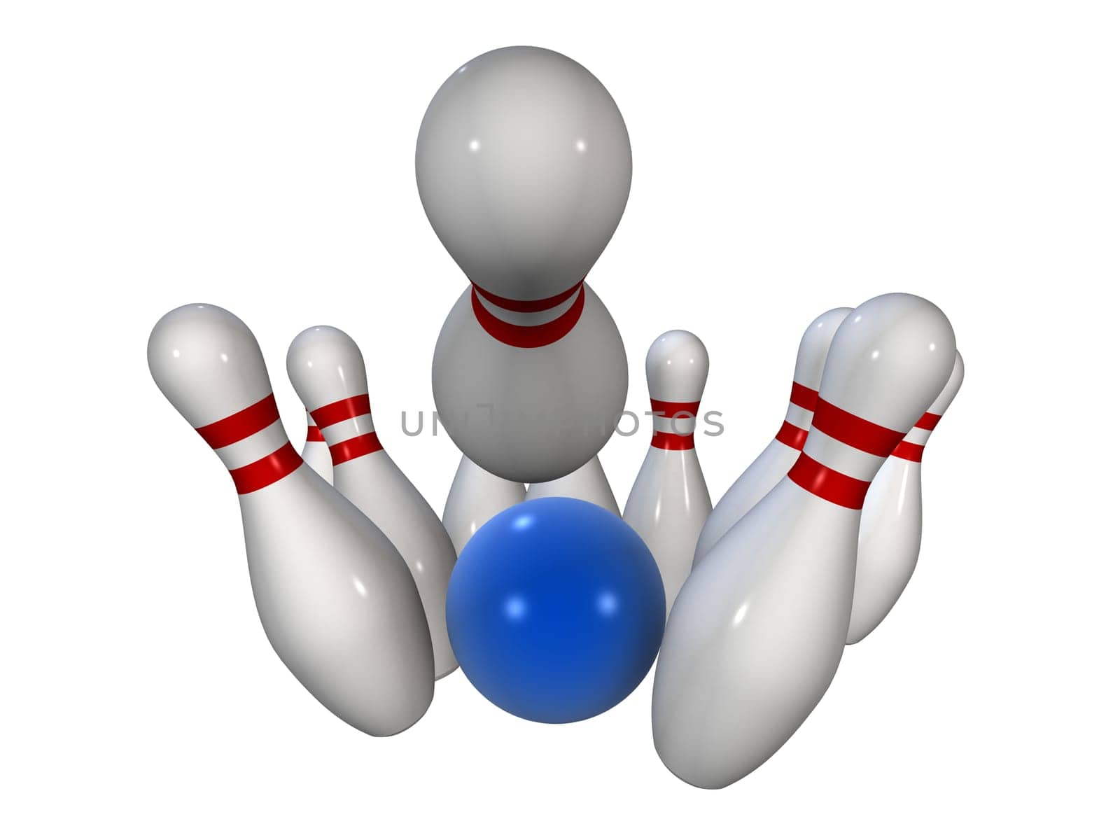 3d rendered illustration of some bowling pins and a blue ball